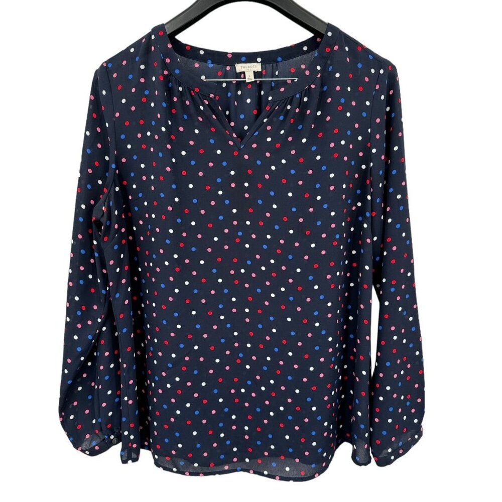 Talbots Women's Polka Dot Blouse L Long Sleeve USA Red White Blue Peasant - Picture 1 of 6